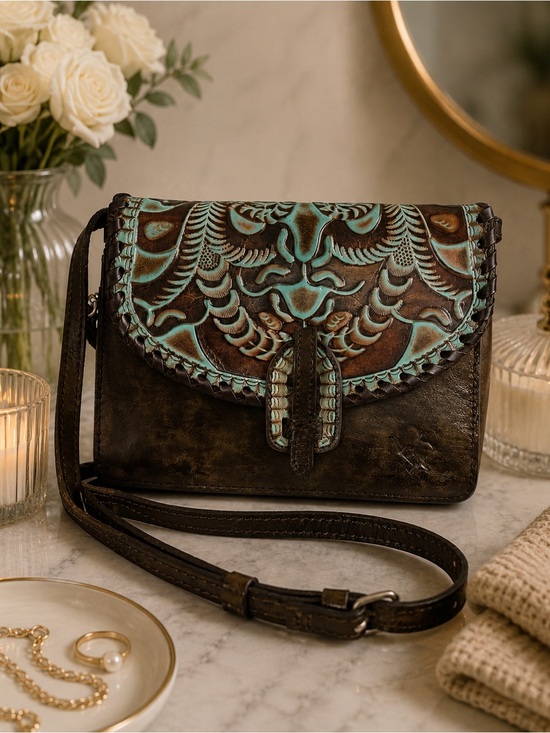 Patricia Nash Handbags - Patricia Nash Lanza Hand Tooled Leather Crossbody Shoulder Bag Brown Turquoise